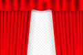 Entertainment curtains background for movies. Beautiful red theatre folded curtain drapes on black stage. Vector illustration. Royalty Free Stock Photo